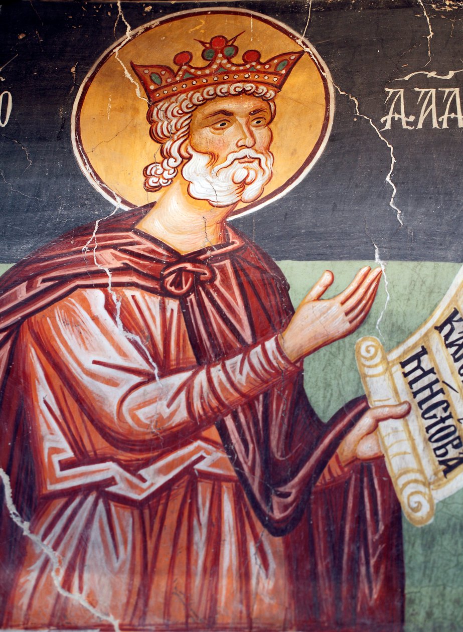 Den bysantinska fresken från 1400-talet (detalj) Första kungen och profeten David Wall målning Michael Archangel Church i Pedoulas Cypern Målade kyrkor UNESCO-plats Troodos, Cypern av Unknown