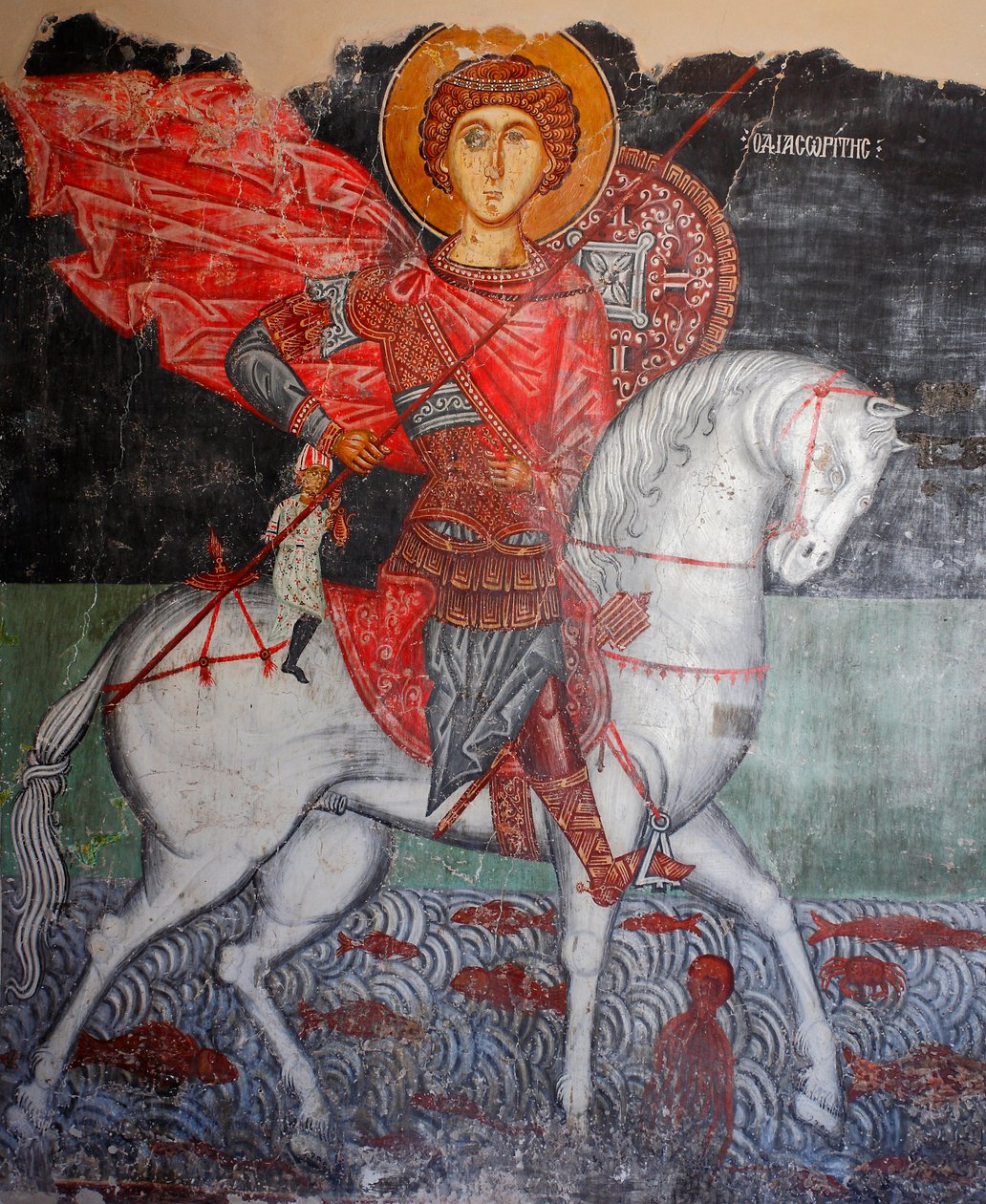 Den bysantinska fresken från 1400-talet (detalj) Saint George Wall-målning Michael Archangel Church i Pedoulas Cypern Målade kyrkor UNESCO-plats Troodos, Cypern av Unknown