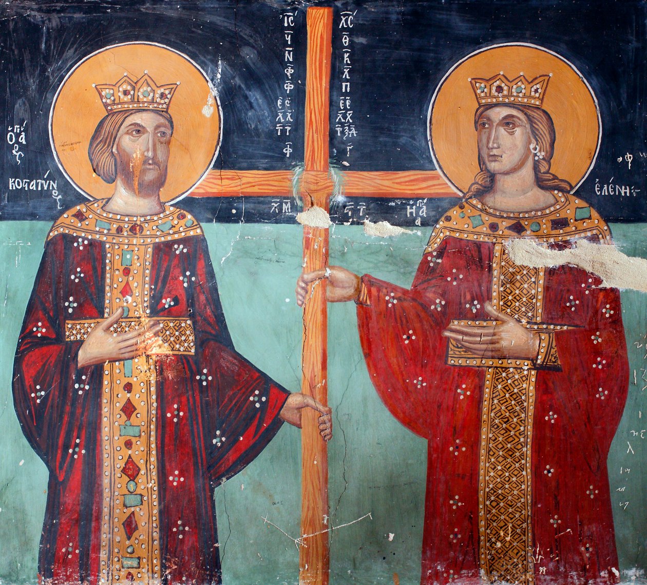 Den bysantinska fresken från 1400-talet Kejsar Konstantin och hans mor Helene Väggmålning Michael ärkeängelskapell, byn Galata Cypern Målade kyrkor UNESCO-plats Troodos, Cypern av Unknown