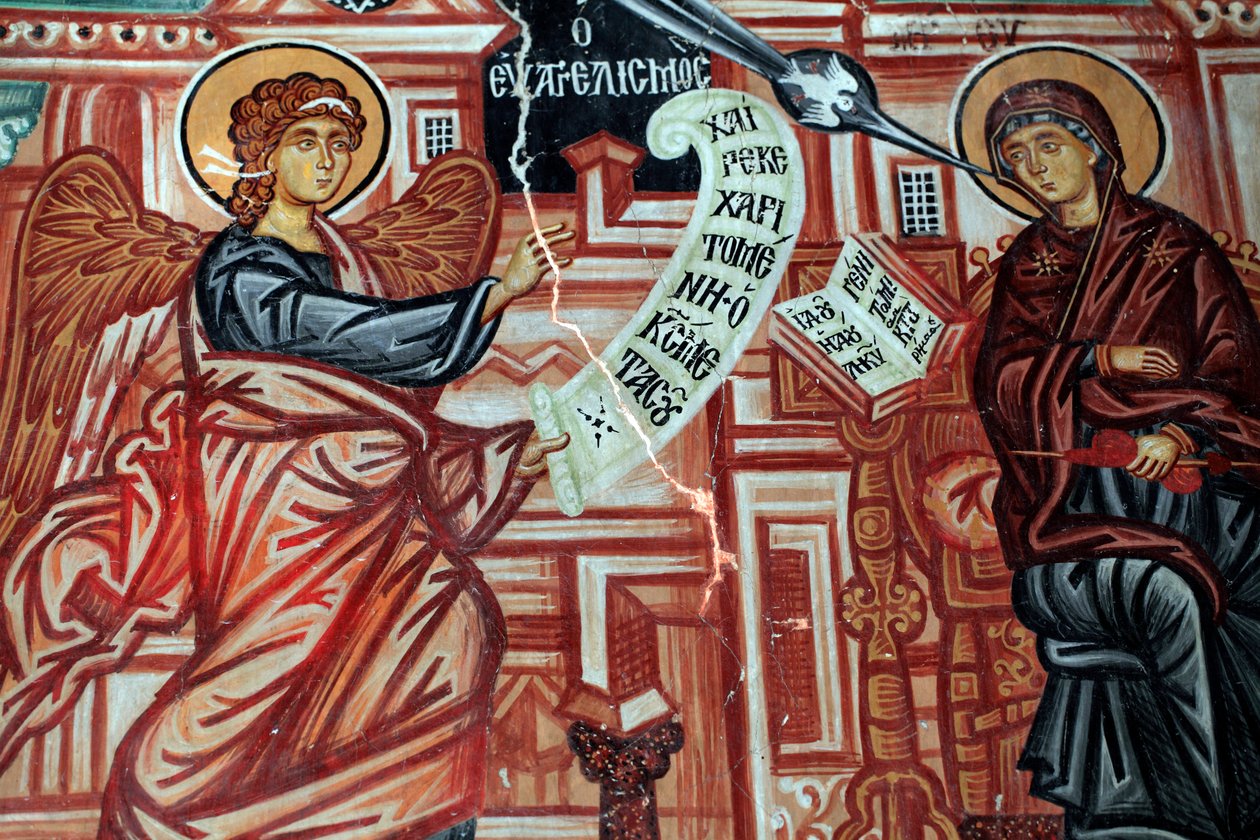 Den bysantinska fresken från 1400-talet Bebådelsen till Jungfru Maria Väggmålning Mikaels ärkeängelkyrka i Pedoulas Cypern Målade kyrkor UNESCO-plats Troodos, Cypern av Unknown