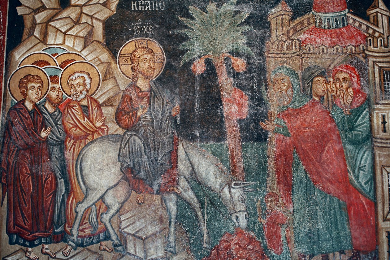 Den bysantinska fresken från 1400-talet Inträdet i Jerusalems murmålning Michael Archangel Church i Pedoulas Cypern Målade kyrkor UNESCO-plats Troodos, Cypern av Unknown