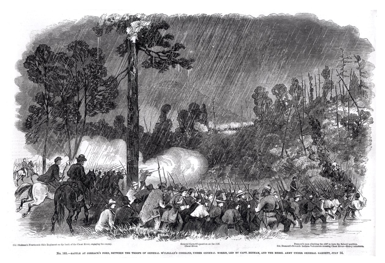 Strid vid Corracks Ford, mellan trupperna av general McClellans kommando, under general Morris, ledd av kapten Benham, och rebellarmén under general Garnett, 14 juli 1861, från 