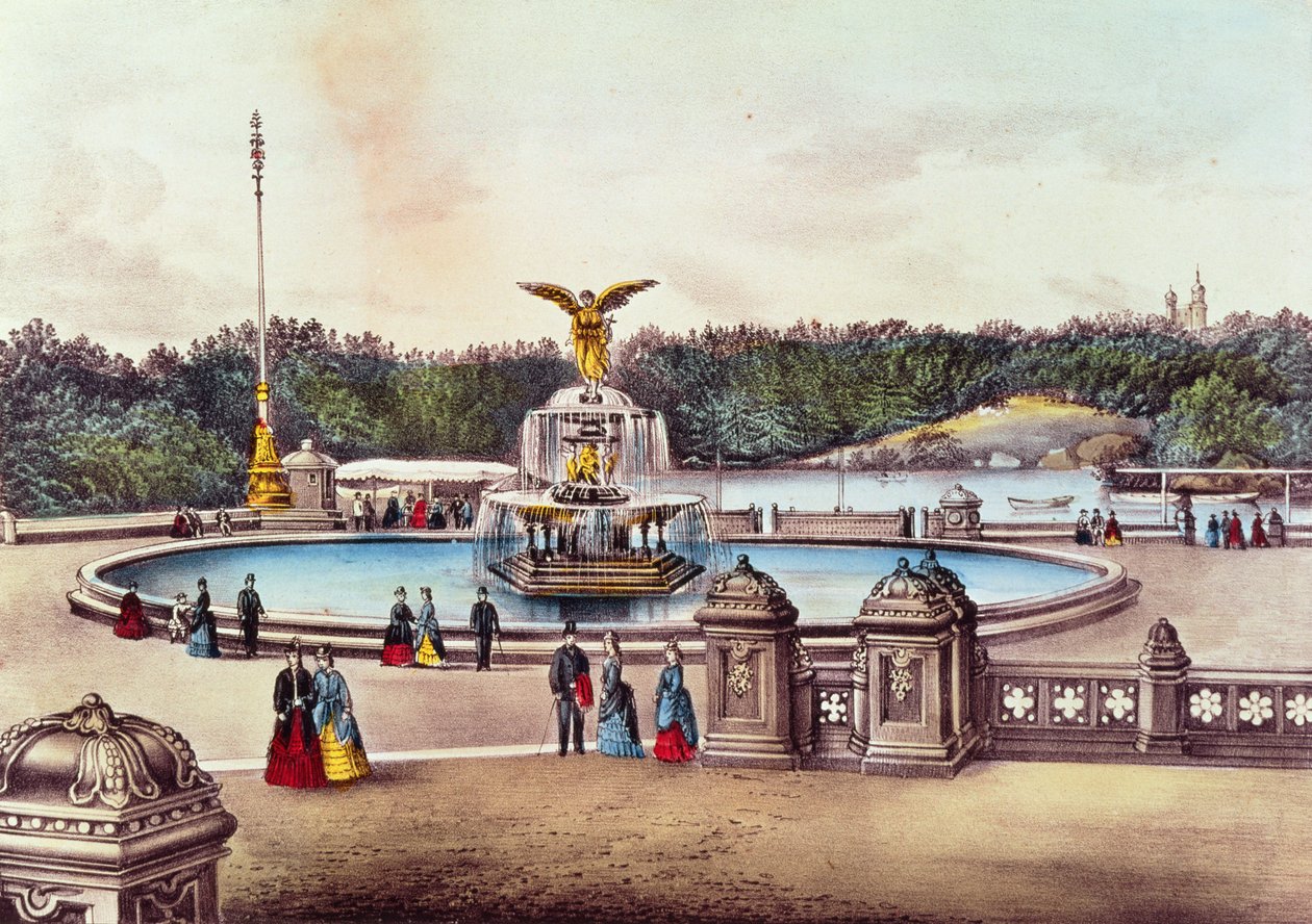 Bethesda Fountain, Central Park, New York, publicerad av Nathaniel Currier (1813-88) och James Merritt Ives (1813-88) (lito i färg) av American School