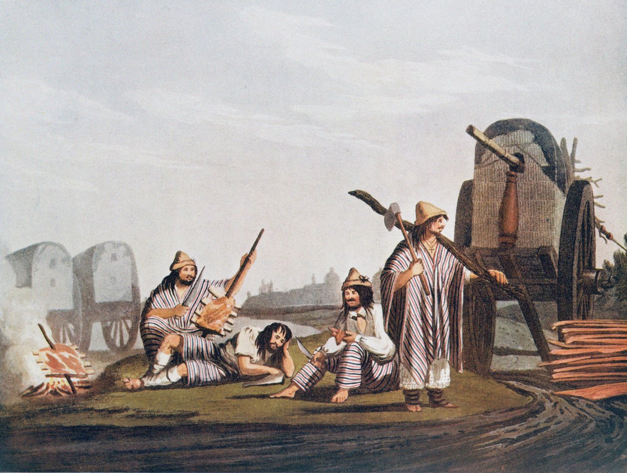 Gauchos från Tucuman, reproducerad från Vidals "Picturesque Illustrations of Buenos Aires and Montevideo", pub. 1820, från 