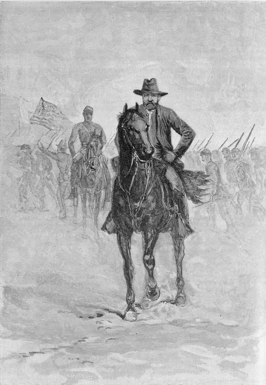 General Grant rekognoscerar konfederationens position vid Spotsylvanias domstolshus, graverad av C.H. Reed, illustration från 