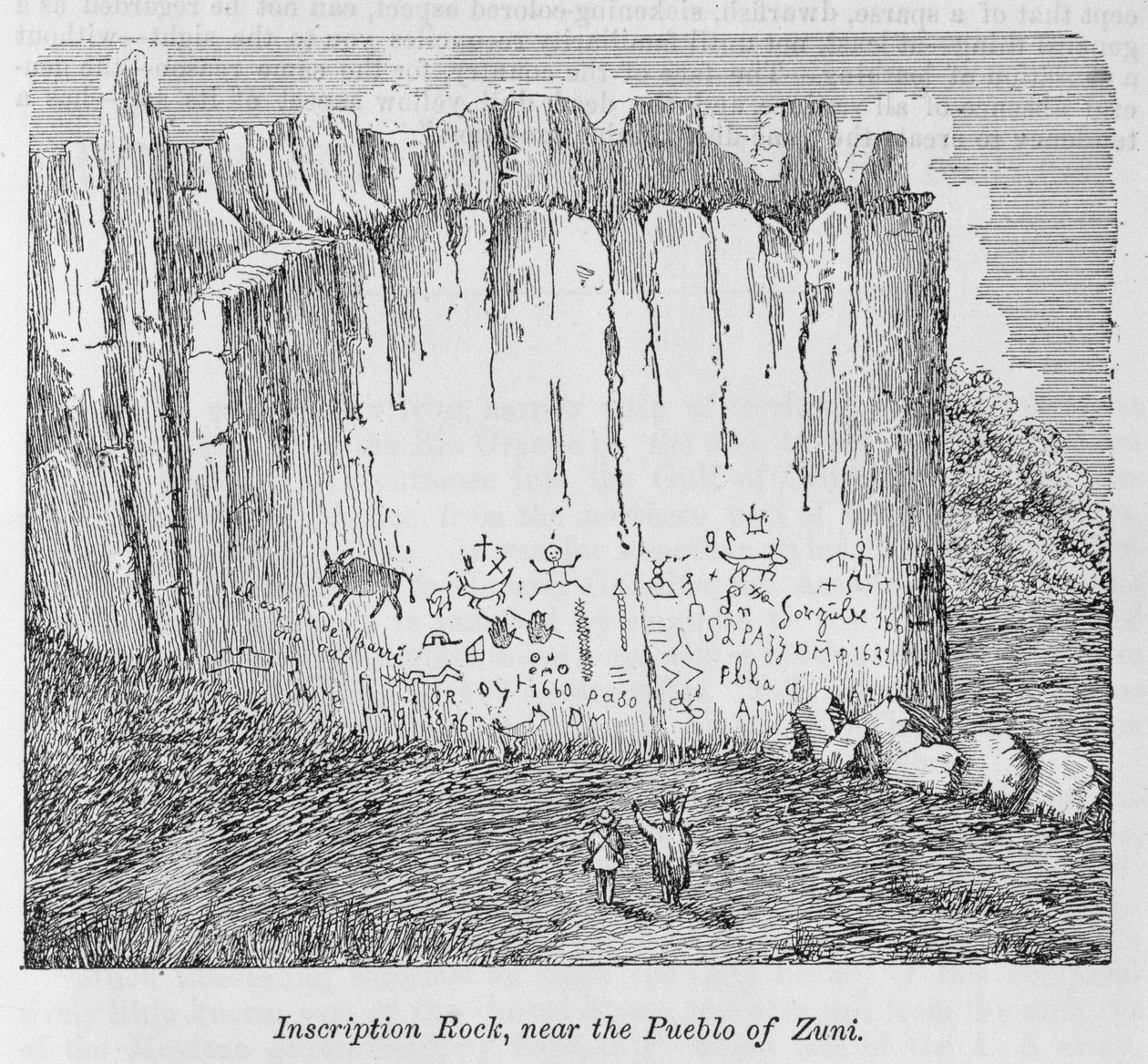 Inscription Rock, nära Pueblo of Zuni, från "Our Whole Country: The Past and Present of the United States, Historical and Descriptive", av John Warren Barber och Henry Hare, 1861. av American School