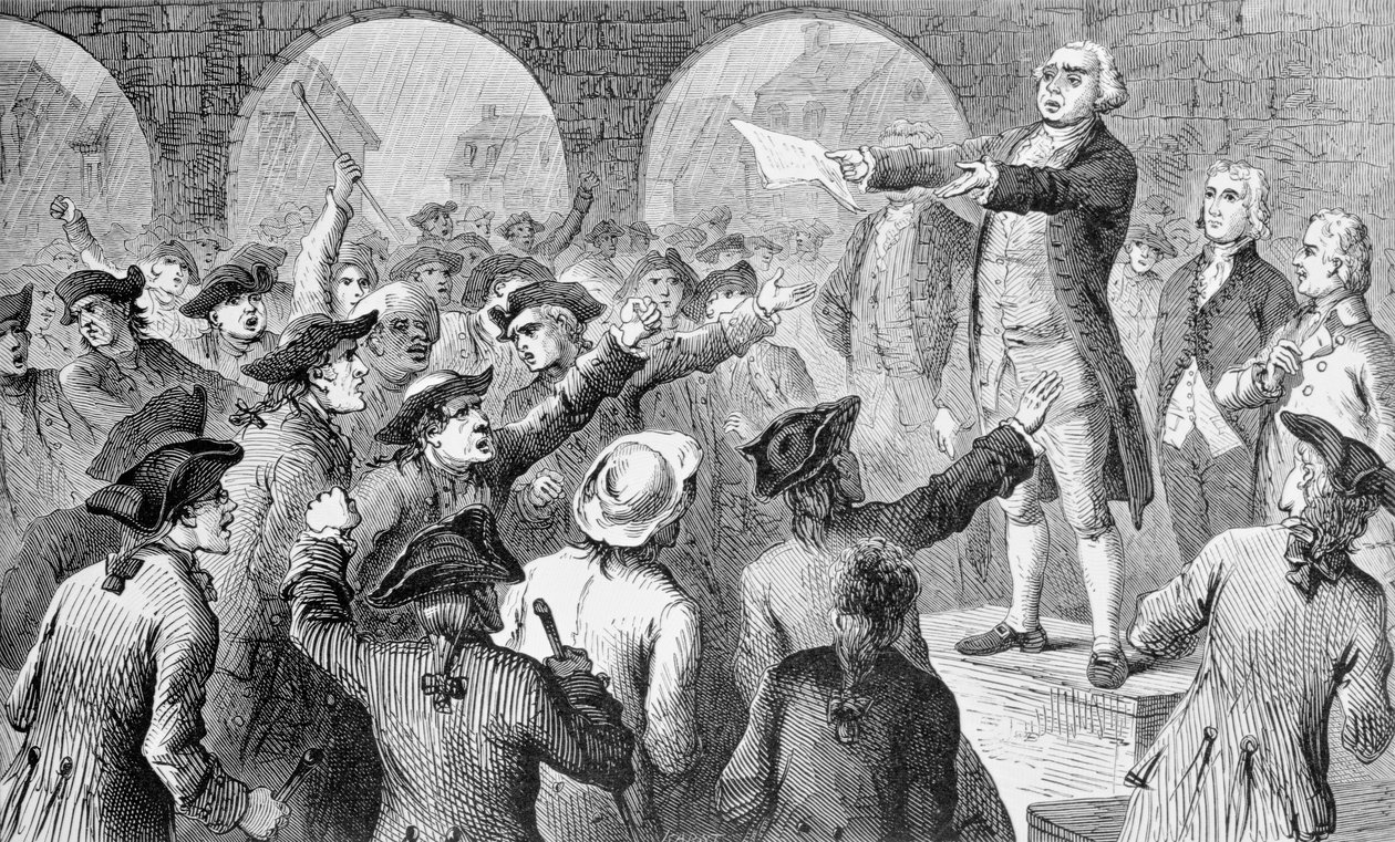 John Lamb talar vid Sons of Liberty-mötet i New York City Hall angående landningen av brittiskt te i New York, 17 december 1773, graverad av John Karst (1836-1922) (bundw foto) av American School