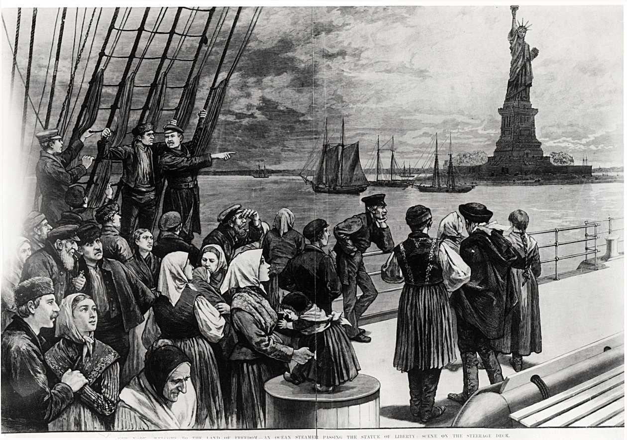 New York - Välkommen till frihetens land - En havsångare som passerar Frihetsgudinnan - scen på styrdäcket, illustration från 