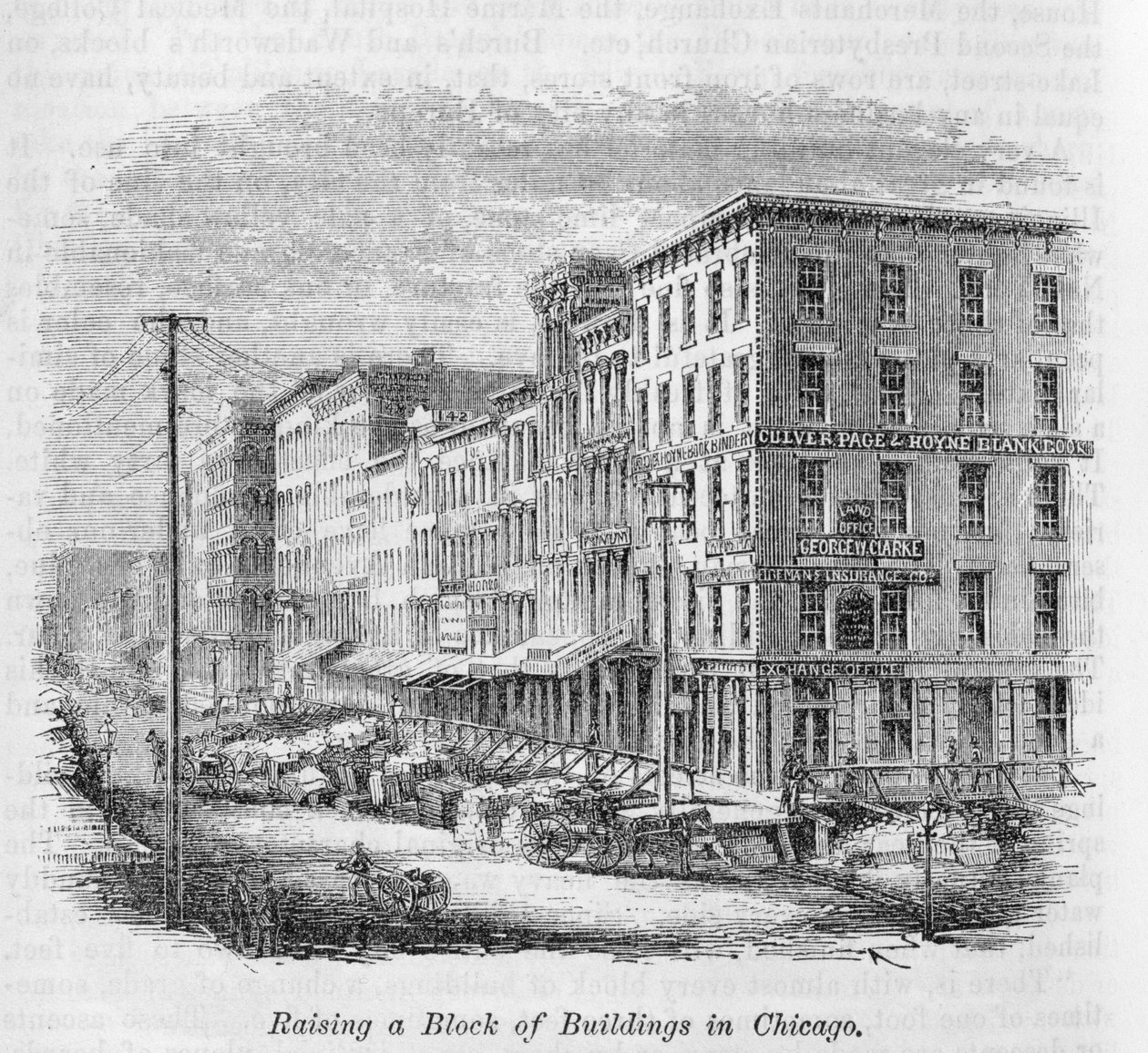 Att höja ett block av byggnader i Chicago, från "Our Whole Country: The Past and Present of the United States, Historical and Descriptive", av John Warner Barber och Henry Hare, 1861 av American School