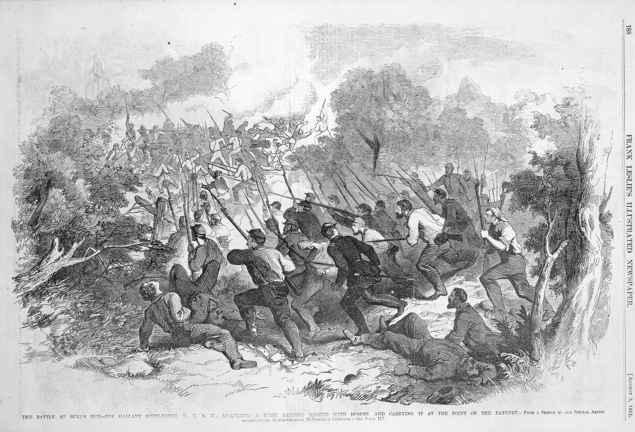 The Battle at Bull Run: The Gallant Sixty-Ninth N.Y.S.M. Att attackera ett rebellbatteri maskerat med buskar och bära det vid bajonettens punkt, från 