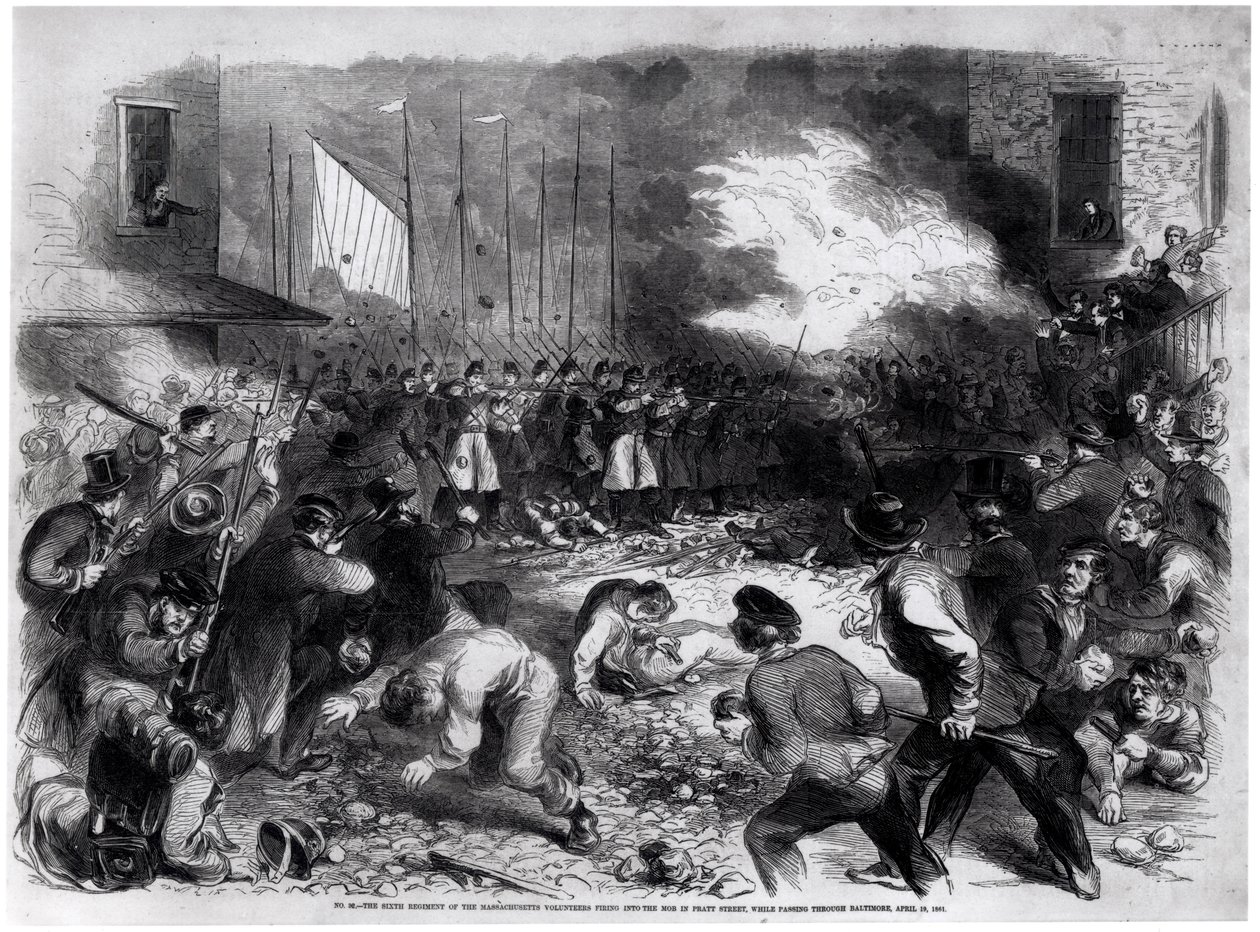 Det sjätte regementet av Massachusetts Volunteers skjuter mot mobben på Pratt Street när de passerar genom Baltimore på väg till Washington, 19 april 1861, från Frank Leslie