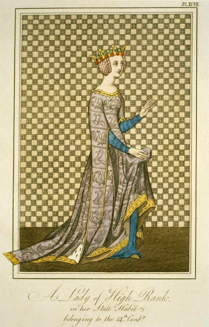 A 14th Century Lady of Rank in her State Robes, from The Complete View of the Dress and Habits of the People of England, Volume 2, saunia e Joseph Strutt, 1799 (valivalivali)swed av English School