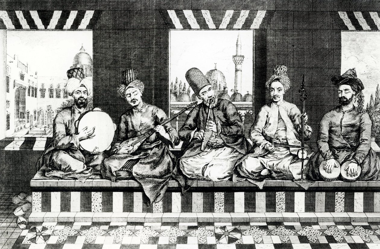 En grupp orientaliska musiker (gravyr) (foto i svart) av English School