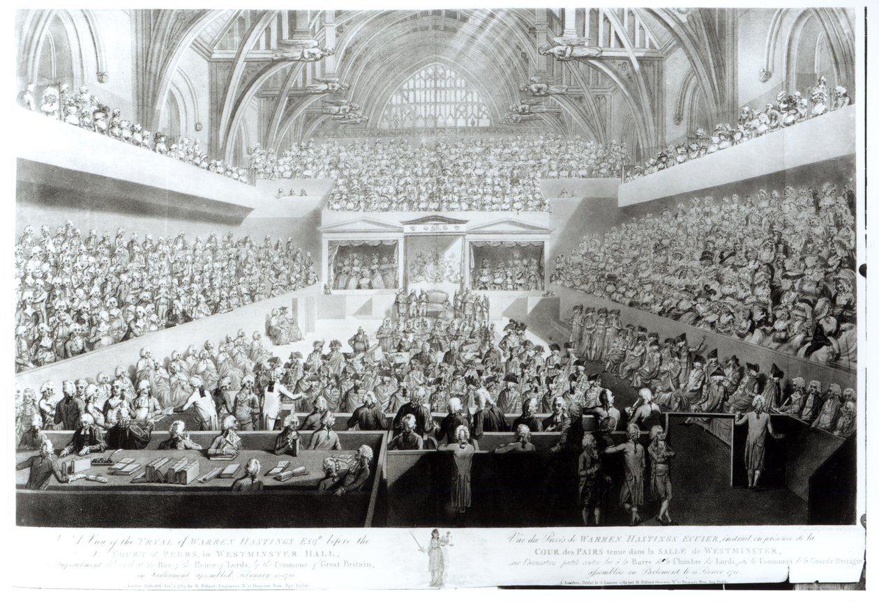 En syn på rättegången mot Warren Hastings (1732-1818) inför Court of Peers i Westminster Hall. Impeachment avgiven vid Bar of Lords, av Storbritanniens Commons, i parlamentet av English School