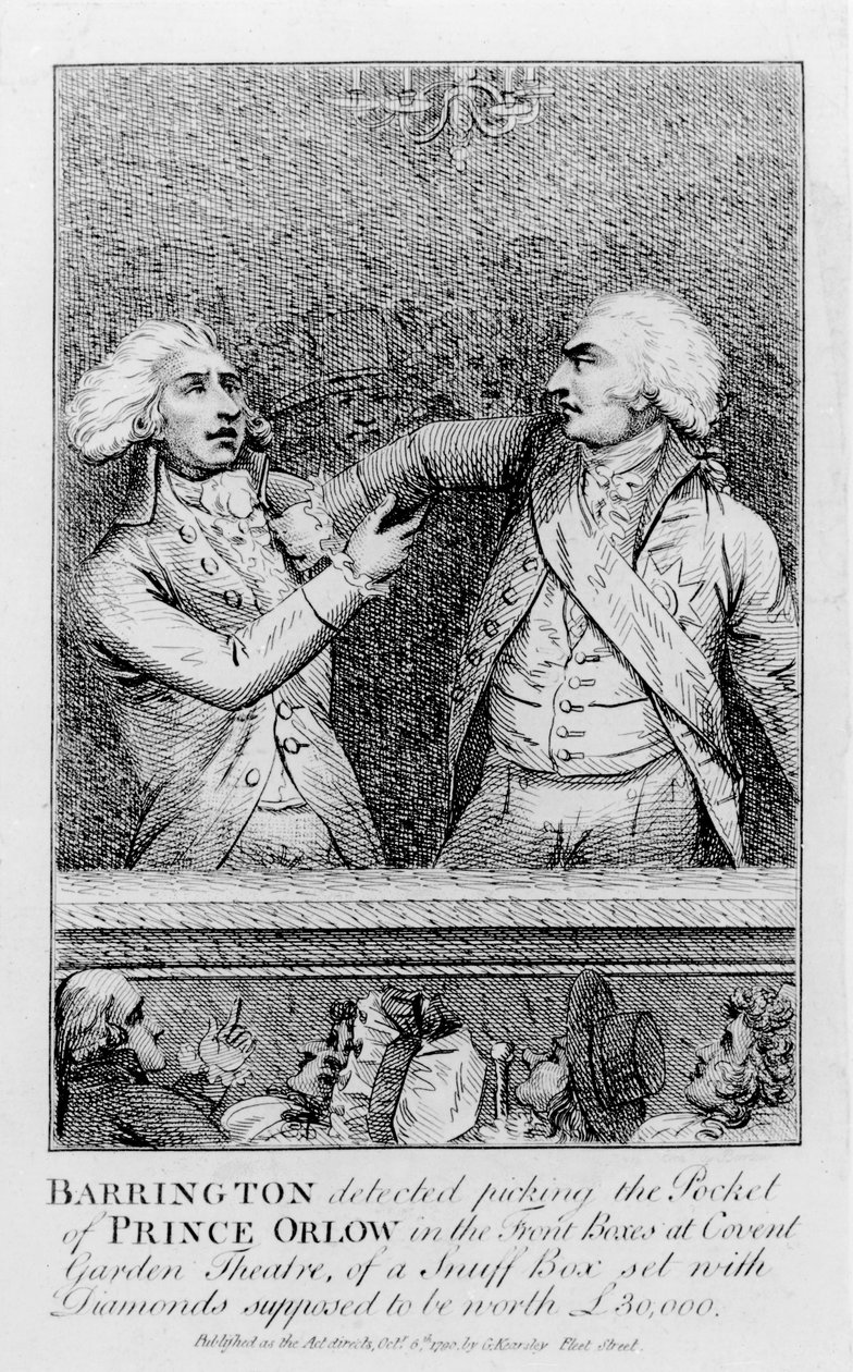 Barrington upptäckte att han plockade Prince Orlows ficka i frontlådorna på Covent Garden Theatre, av en snusdosa med diamanter som antas vara värd 30 000 pund, pub. år 1790 (bundw sid av English School