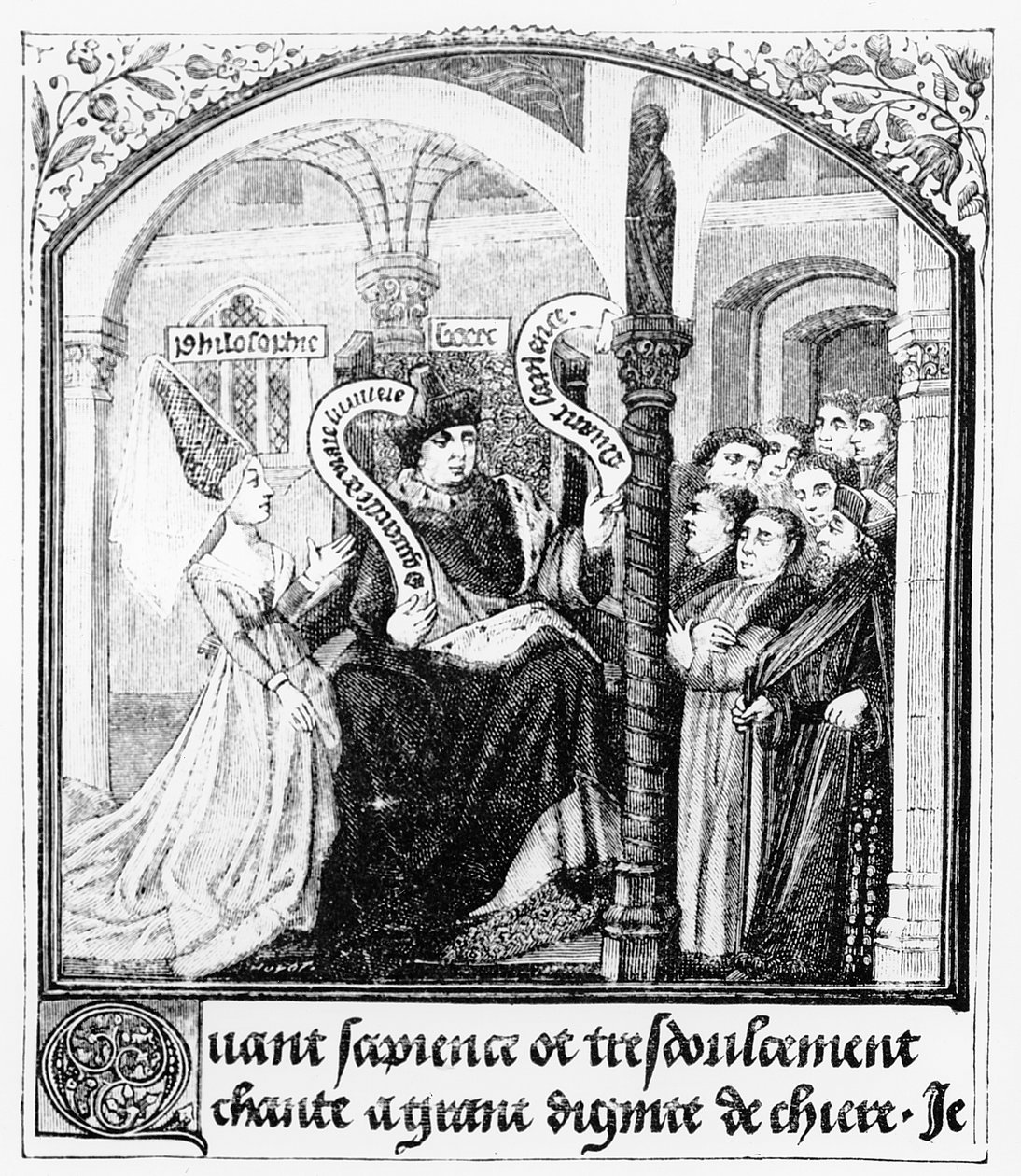 Boethius (480-524) tar råd av Dame Philosophy, miniatyr från 