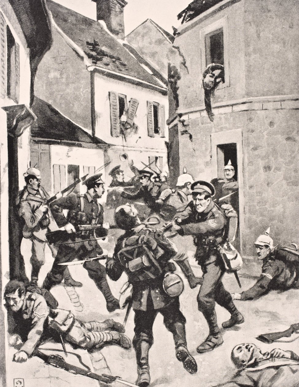 Brittiska och tyska soldater i handgemäng under stormningen av Loos, Frankrike den 25 september 1915, från "The War Illustrated Album deLuxe" som publicerades i London 1916 (litografi). av English School