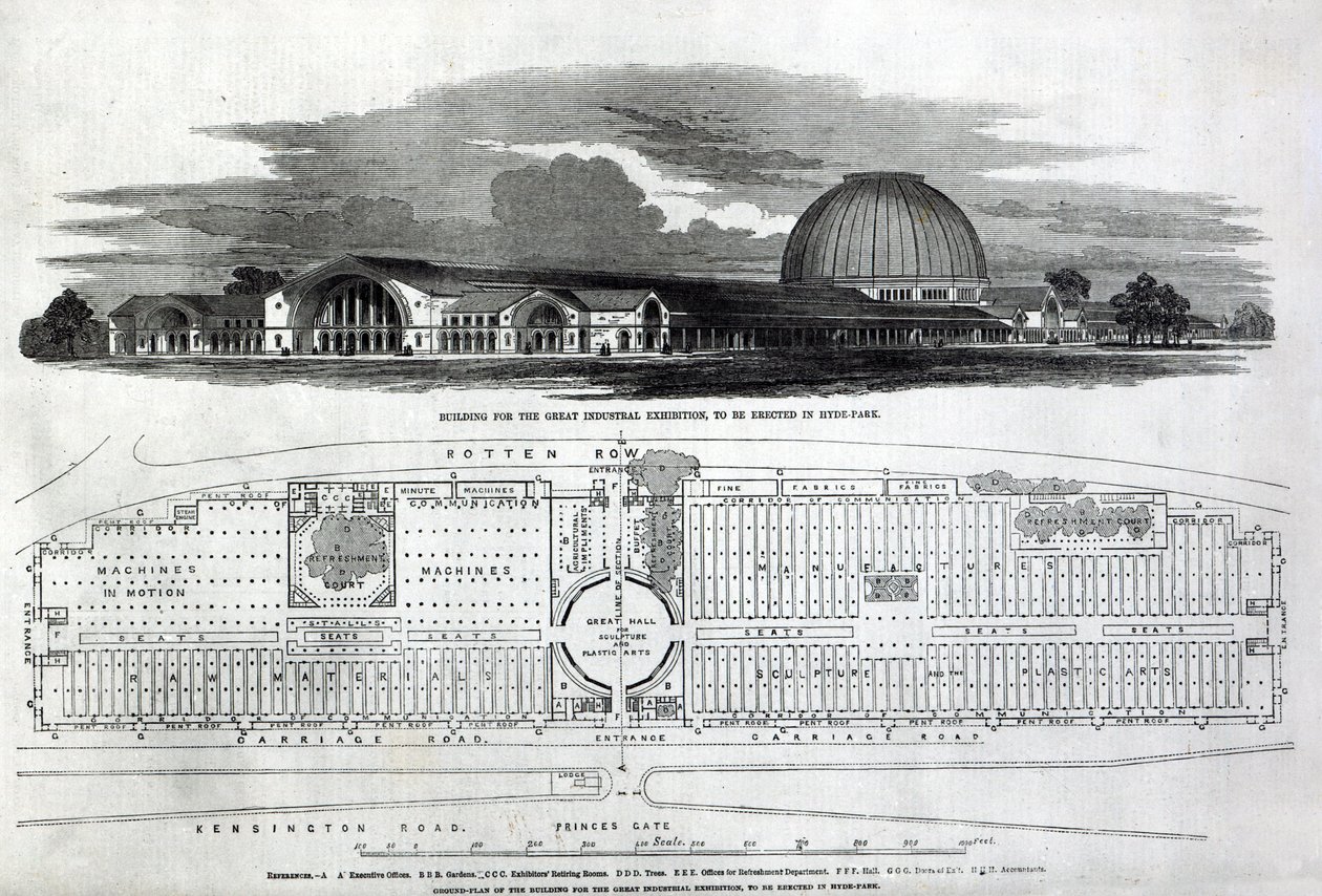 Byggnad för den stora industriutställningen, 1850 (gravyr) (bw foto) av English School