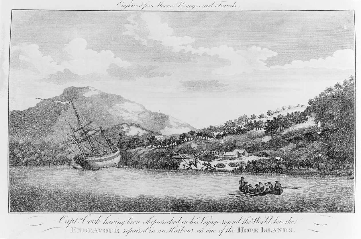 Kapten Cook, som förliste på sin resa runt jorden, har Endeavour reparerad i en hamn på en av Hope Islands, graverad för Moores "Voyages and Travels", 1700-talet (engravi av English School