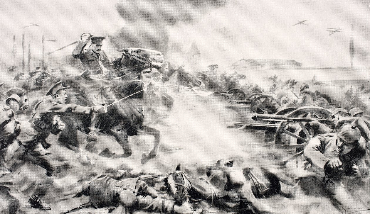Kapeteni F.O. Grenfell, VC, na taʻitaʻia le moliaga o le 9th Lancers e toe puʻeina fana i tafatafa o Doubon, 24th Aokuso 1914, mai le 