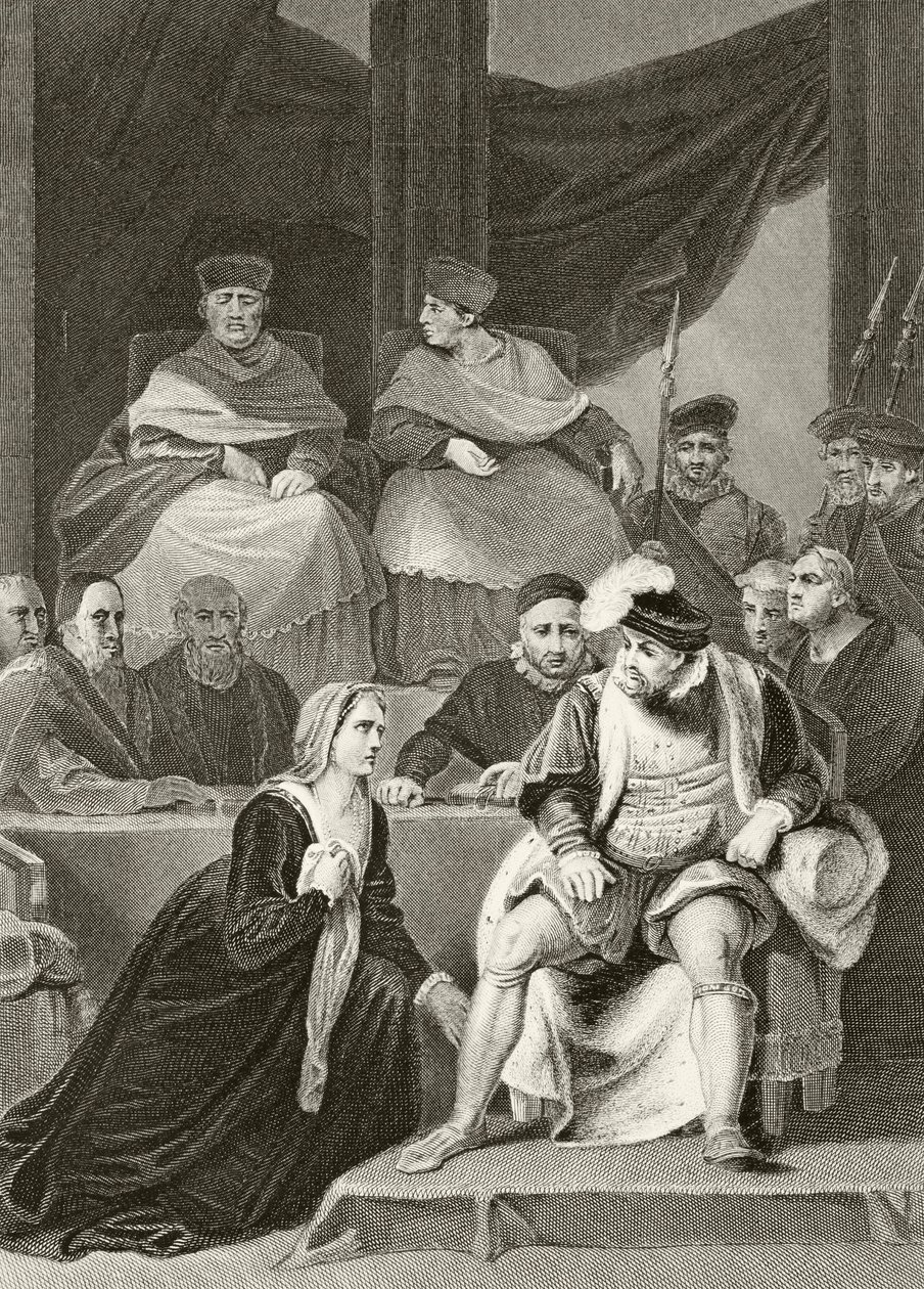 Katarina av Aragon knäböjer inför sin man kung Henrik VIII under rättegången mot deras äktenskap, från "The National and Domestic History of England" av William Hickman Smith Aubrey (1858-1916) publ. av English School