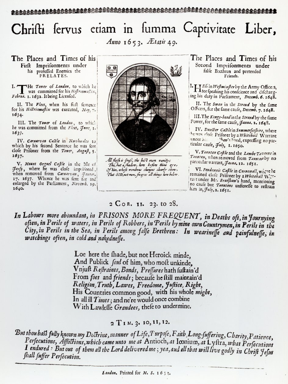 Christi Servus Etiam i Summa Captivitate Liber: en sida från ett broadsheet som innehåller en lista över platser och tider för John Lilburnes (ca 1614-57) fängelse, publicerad 1653 av English School