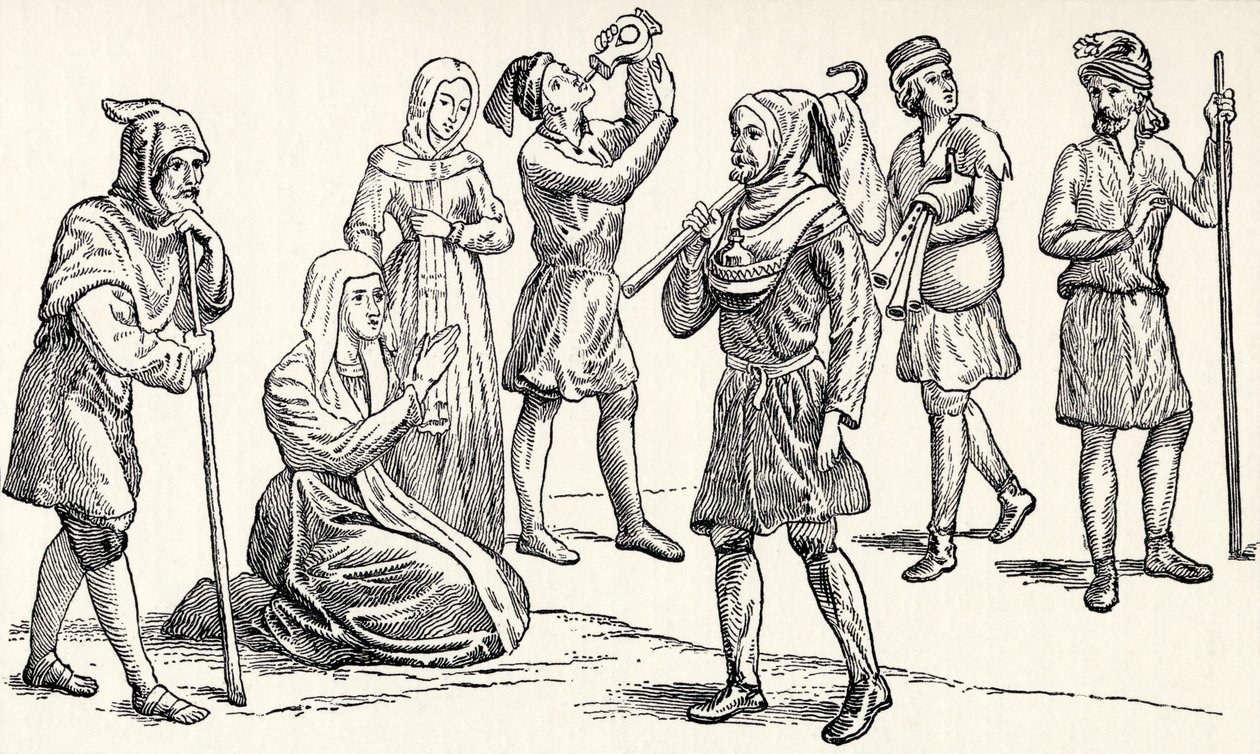Kostymer för vanliga spanska människor på 1200-talet, Spanien, från "Spain: A Summary of Spanish History from the Moorish Conquest to the Fall of Granada, 711-1492", av Henry Edward Watts, publicerad av English School