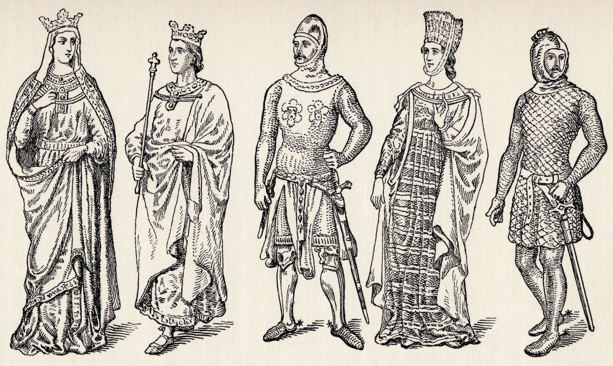 Kostymer från det trettonde århundradets spanska kungar och adelsmän, Spanien, från "Spain: A Summary of Spanish History from the Moorish Conquest to the Fall of Granada, 711-1492", av Henry Edward Watts, publicerad av English School
