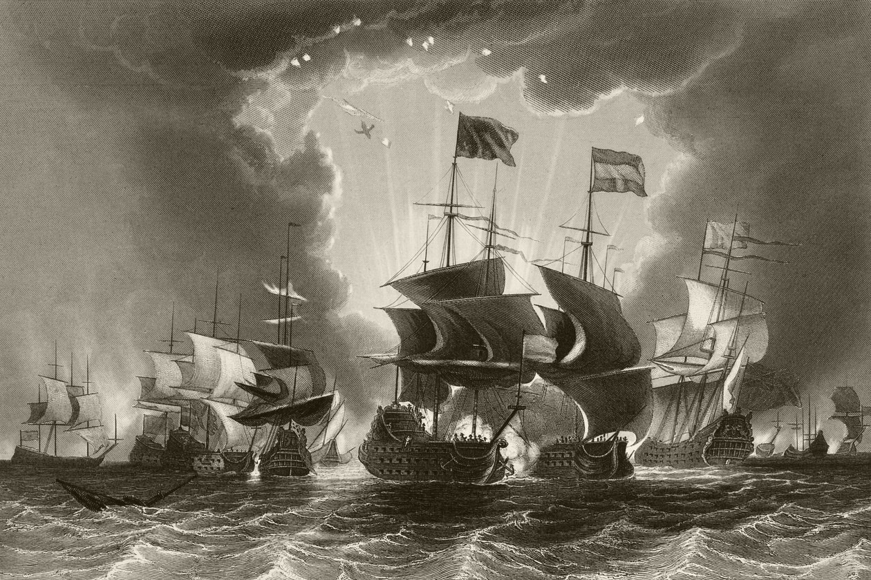 Nederlag för den holländska flottan av amiral Robert Blake i slaget vid Gabbard, 12 och 13 juni 1653, från puben "The National and Domestic History of England" av William Hickman Smith Aubrey (1858-1916) av English School