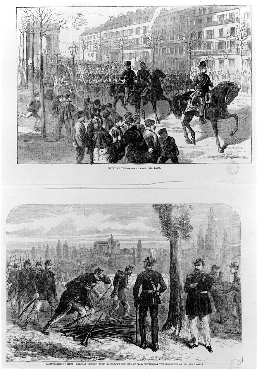 De tyska truppernas inträde i Paris, 2 mars 1871; Kapitulation av Metz, 27 oktober 1870, marskalk Leboeuf, Louis Napoleons krigsminister, bevittnade överlämnandet av sin armékår (gravyr av English School
