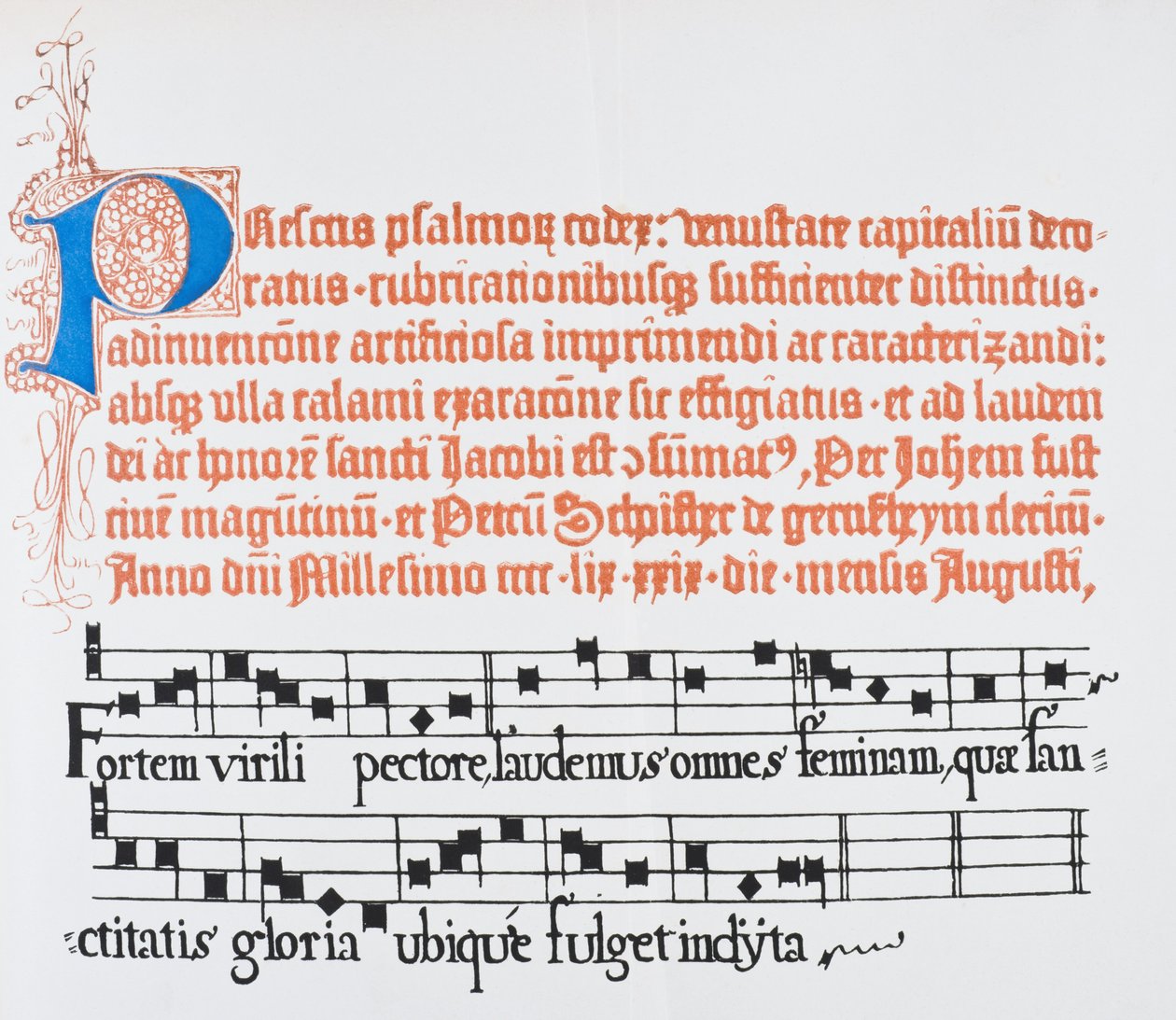 Facsimil av en sida med ett upplyst stort "P" från 1459 års upplaga av Fust och Schoiffers latinska psaltare, från "The National and Domestic History of England" av William Hickman Smith Aubrey (1858- av English School