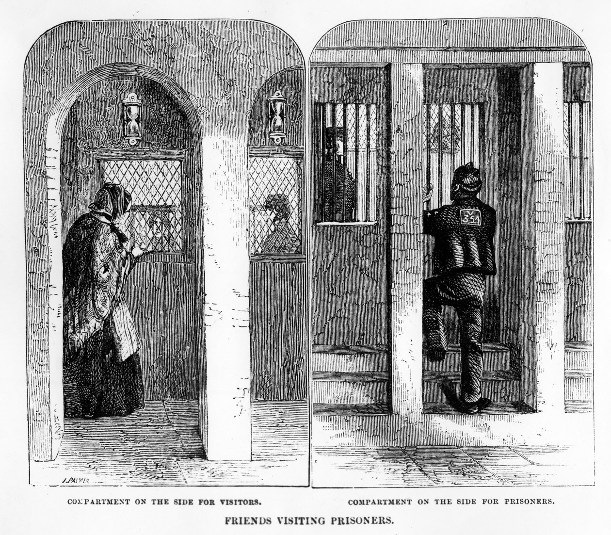 Vänner som besöker Prisoners at the House of Correction, Coldbath Fields, tryck gjord av J. Palmer, illustration från 