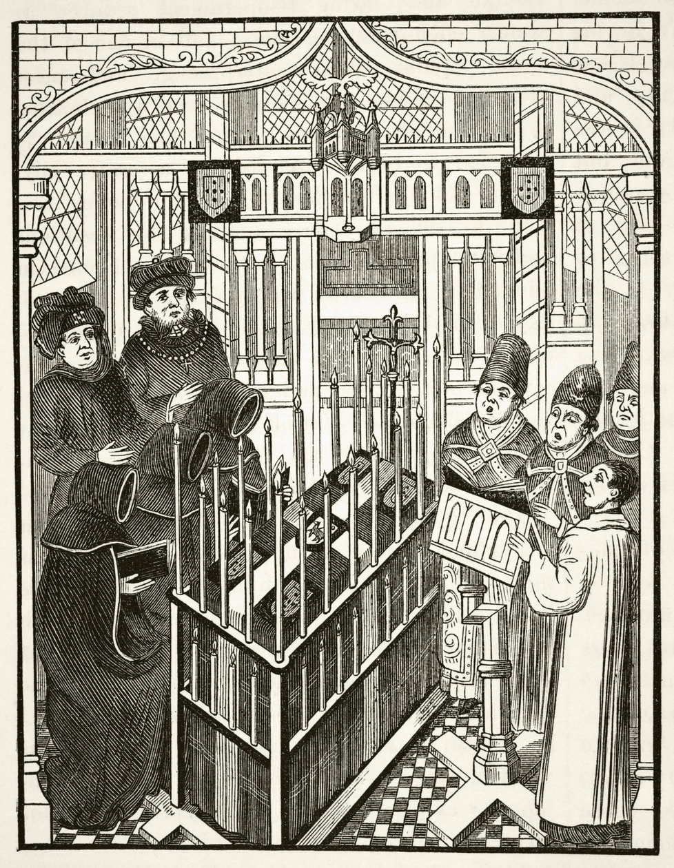 Begravningsceremoni för en person av betydelse på 1400-talet, från "The National and Domestic History of England" av William Hickman Smith Aubrey (1858-1916) publicerad i London, ca 1890 av English School