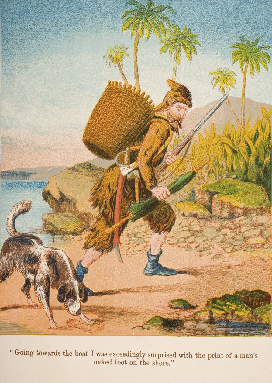 "När jag gick mot båten blev jag mycket överraskad med trycket av en mans nakna fot på stranden.", illustration från "Robinson Crusoe" av Daniel Defoe (1660-1731) c.1860-talet (chromolitho) av English School