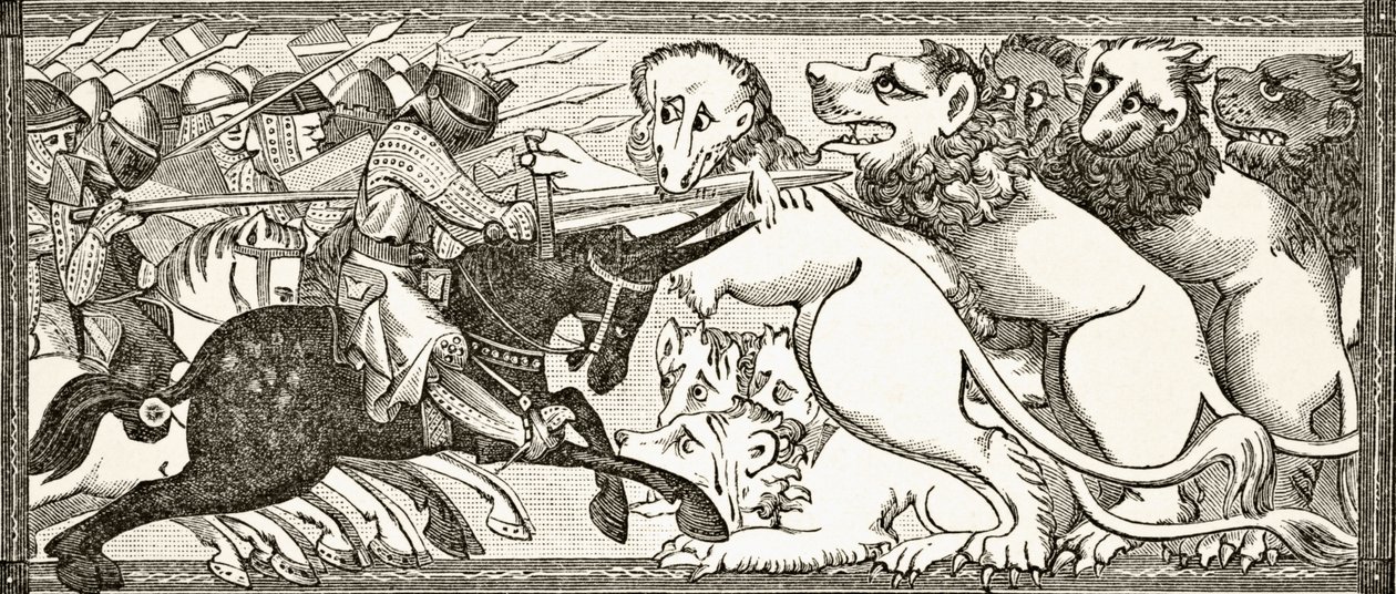 Hur Alexander kämpade mot vita lejon stora som tjurar, efter en miniatyr i ett manuskript från 1200-talet, från "Science and Literature in the Middle Ages", av Paul Lacroix, 1878. av English School