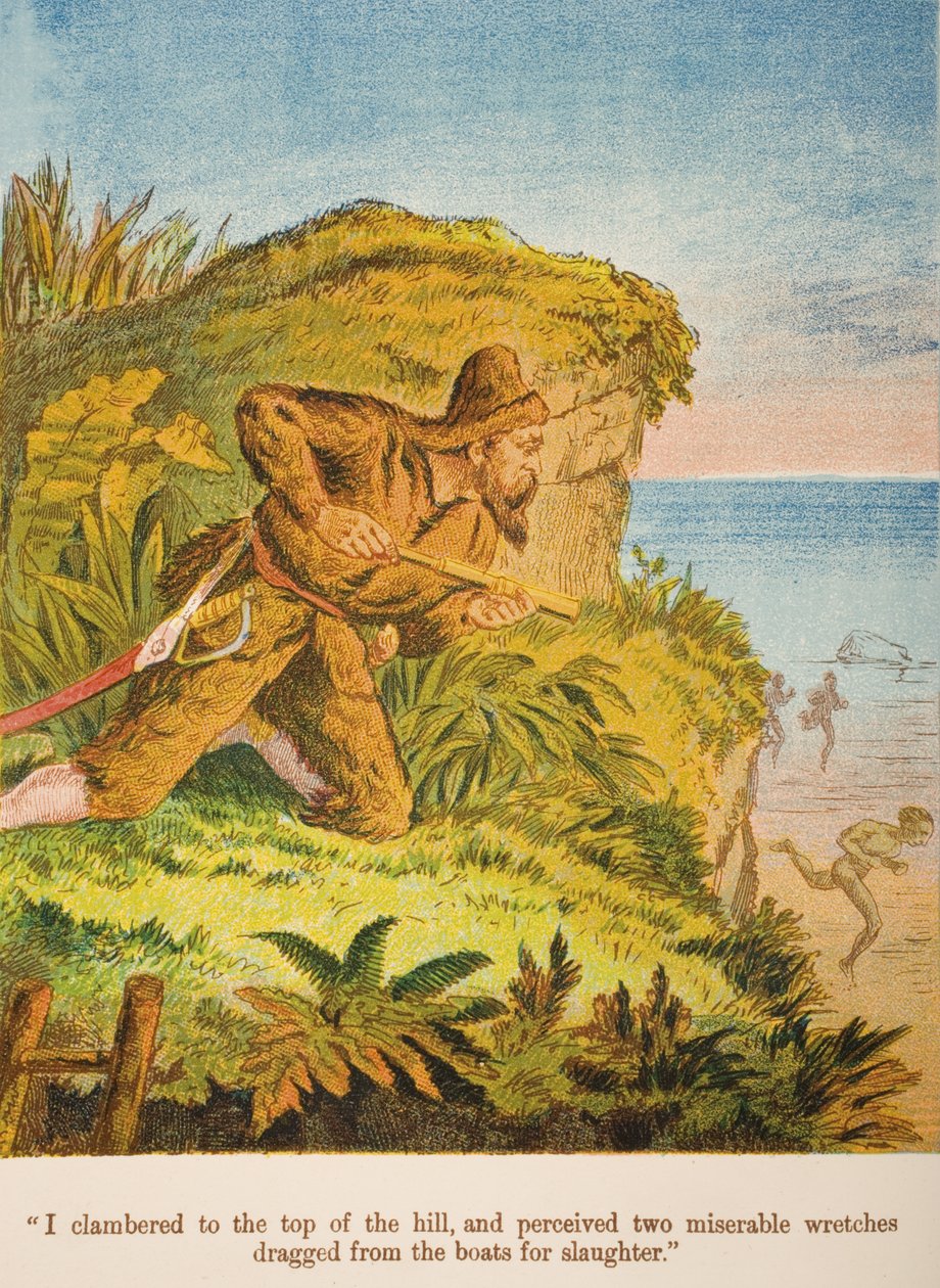 "Jag klättrade till toppen av kullen och såg två eländiga stackare släpade från båtarna för att slaktas.", illustration från "Robinson Crusoe" av Daniel Defoe (1660-1731) c.1860-talet (chromolitho) av English School