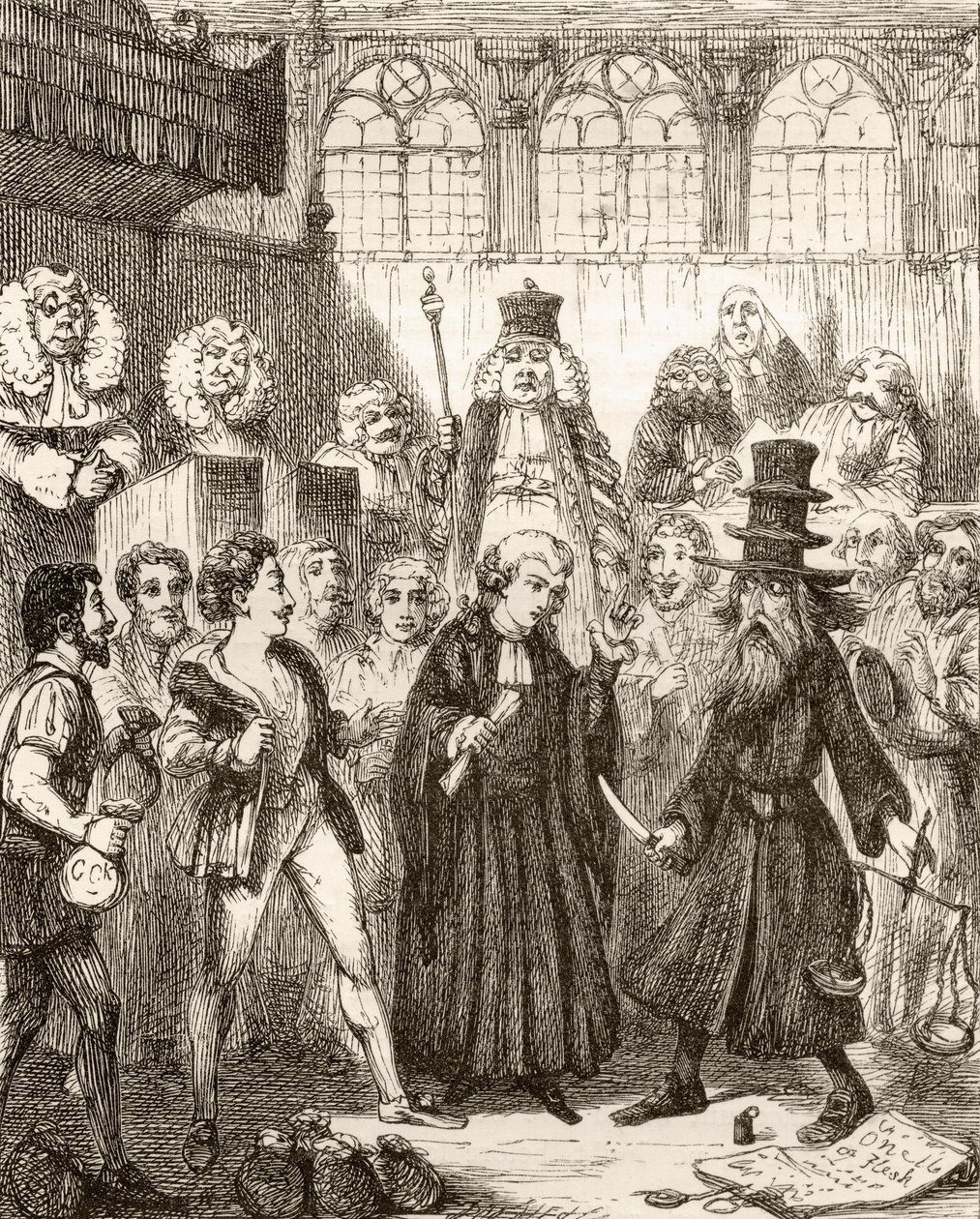 Illustration efter George Cruikshank till dikten "The Merchant of Venice", en legend av Italien, från "The Ingoldsby Legends or Mirth and Marvels", av Thomas Ingoldsby, publicerad 1865 av English School