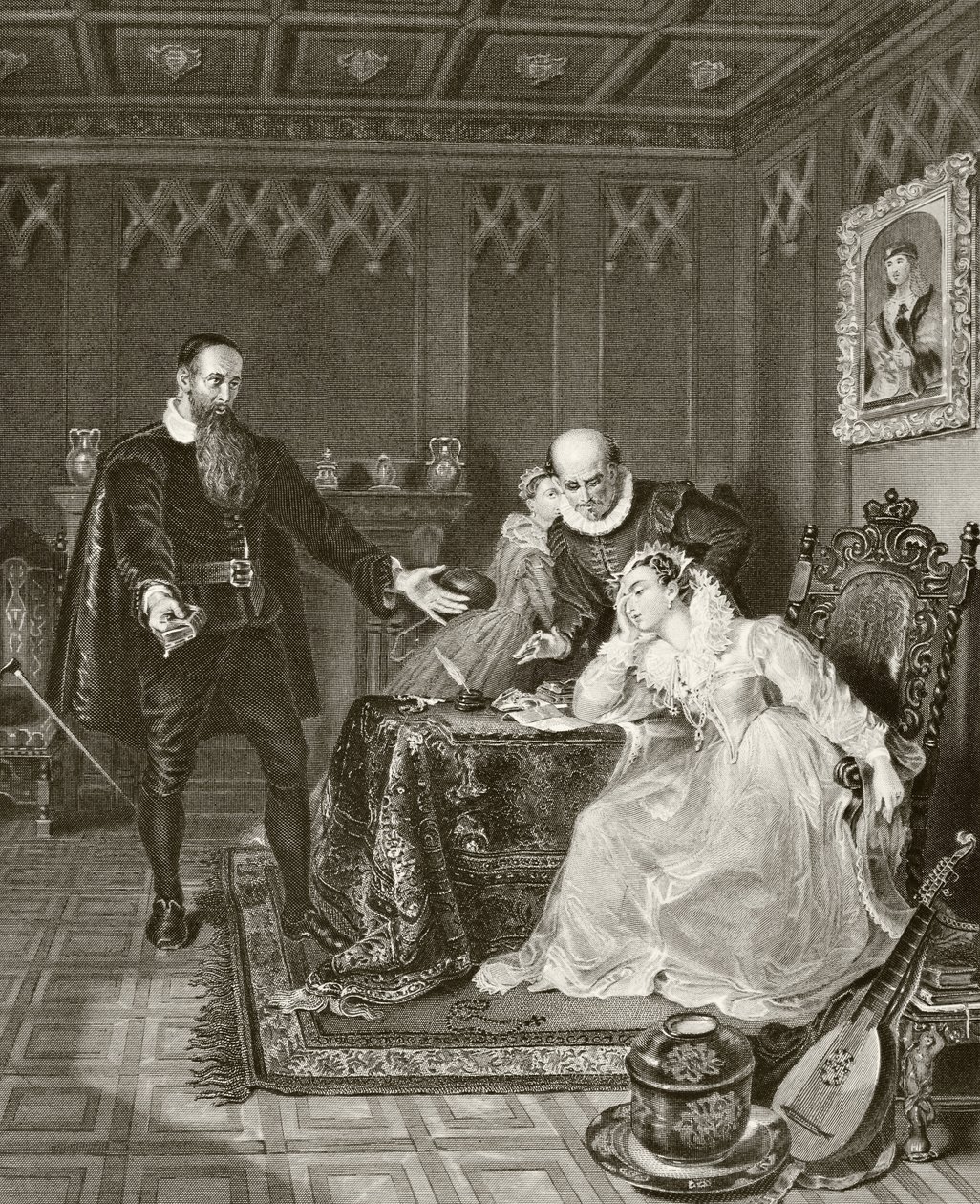 John Knox förmanar Mary Queen of Scots om hennes planerade äktenskap med Don Carlos, son till Filip II av Spanien, 24 juni 1563, från "The National and Domestic History of England" av William Hickman Smit av English School