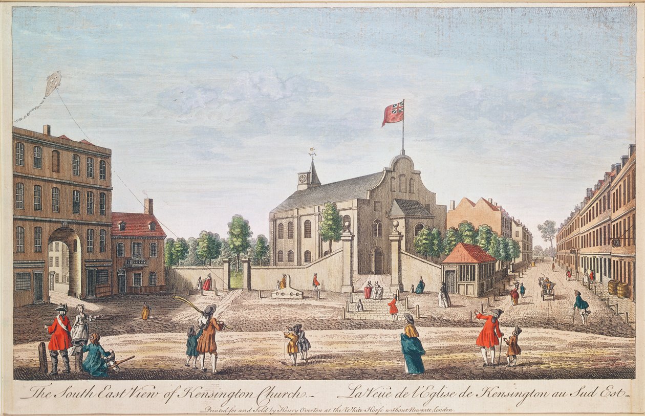 Kensington Church, London, S.E. Vy (färgad gravyr) av English School