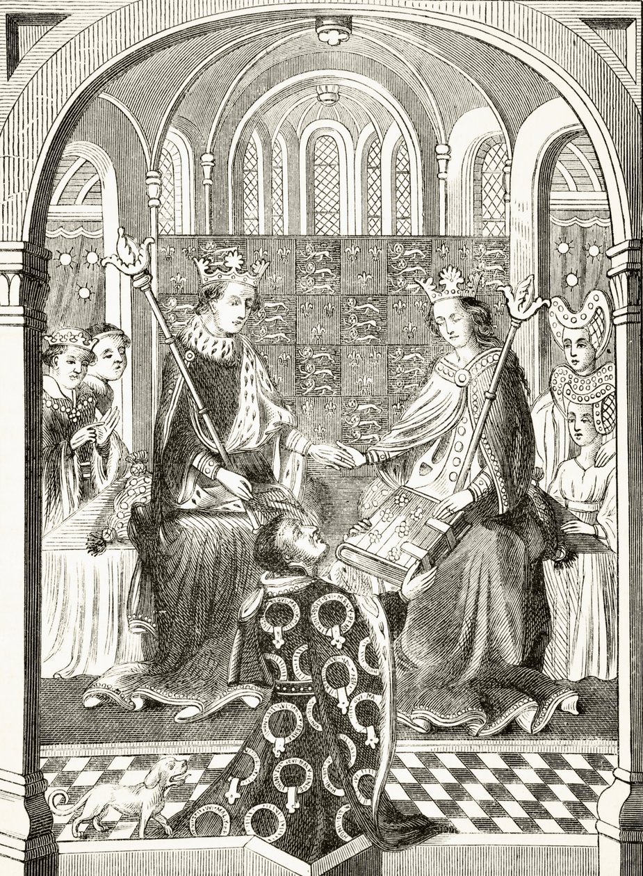 Kung Henrik VI av England och hans drottninggemål, Margaret av Anjou i deras hov, från "The National and Domestic History of England" av William Hickman Smith Aubrey (1858-1916) publicerad i London, c.18 av English School