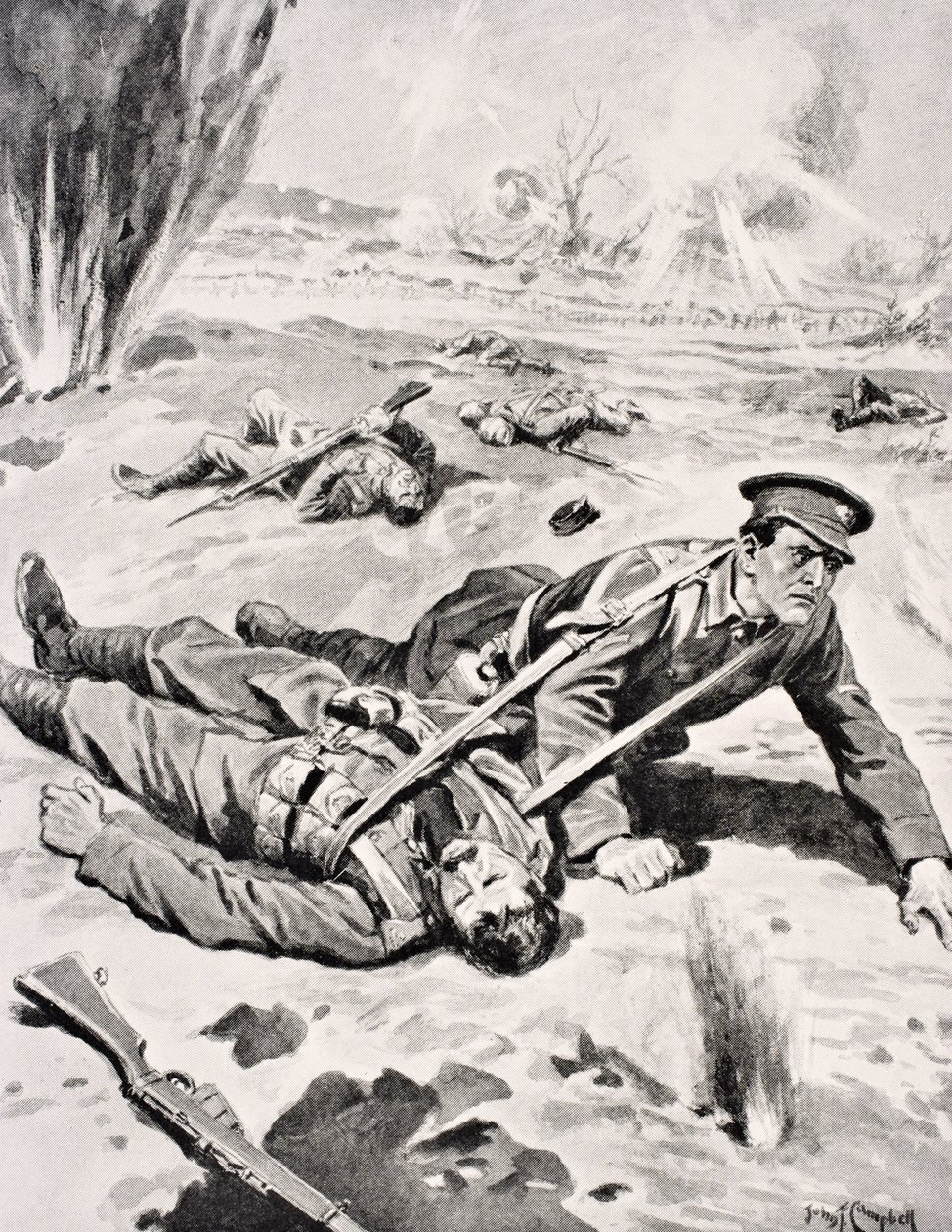 Underkorporal Joseph Tombs VC, med en av fyra skadade kamrater som han räddade nära Armentieres, Frankrike, 16 juni 1915, från 