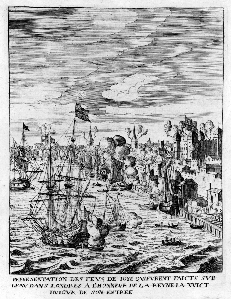 Tänd eld i Towern i London och kanoneld för att hedra ankomsten av drottning Marie de Medici, illustration från "Histoire de Entrée de la Reyne Mère dans la Grande Brétaigne" av Jean Puget de av English School