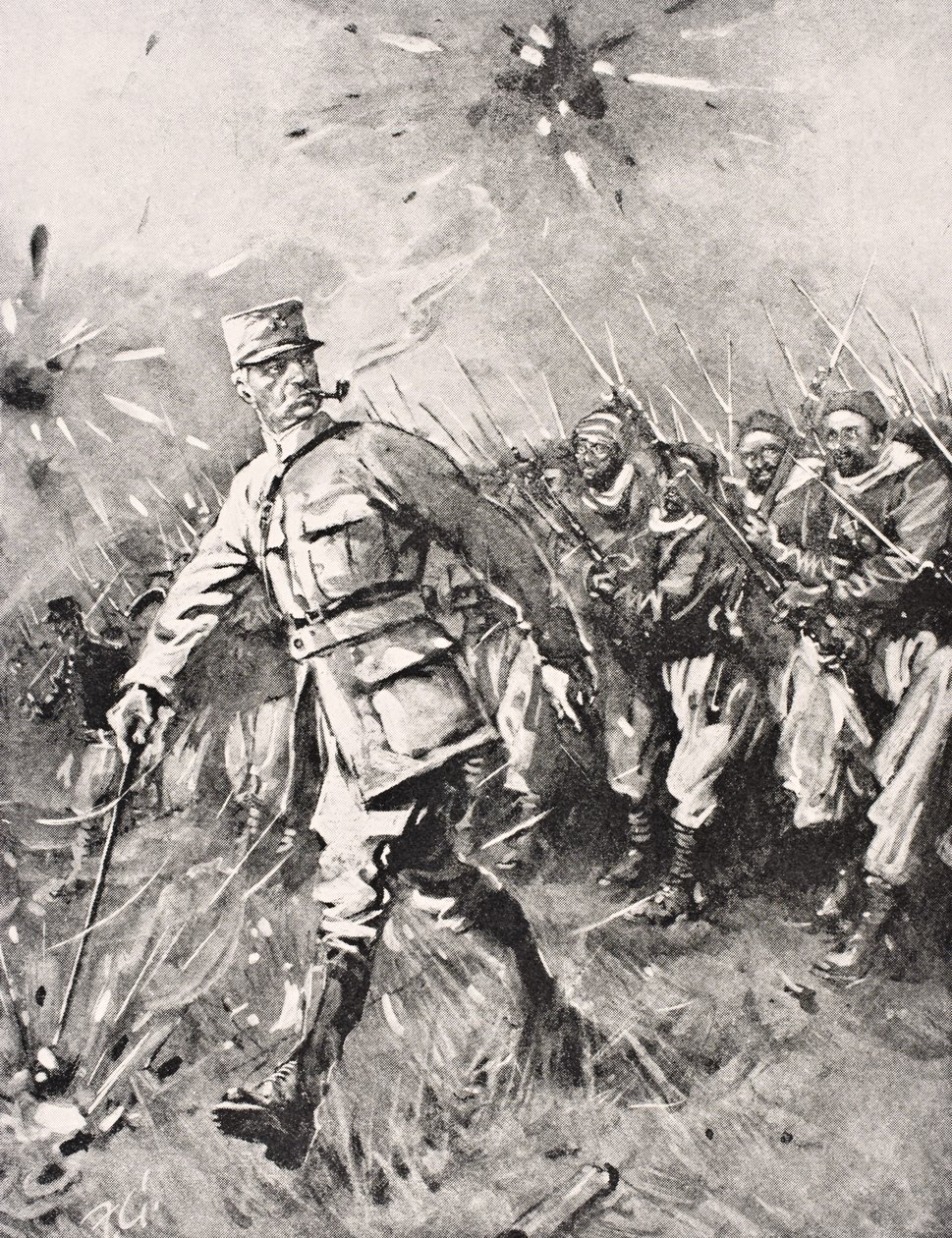 Major Jean-Baptiste Marchand, pipa i munnen, käpp i handen, leder Zouave och marockanska enheter mot tyska fiendens västfront 1915, från 