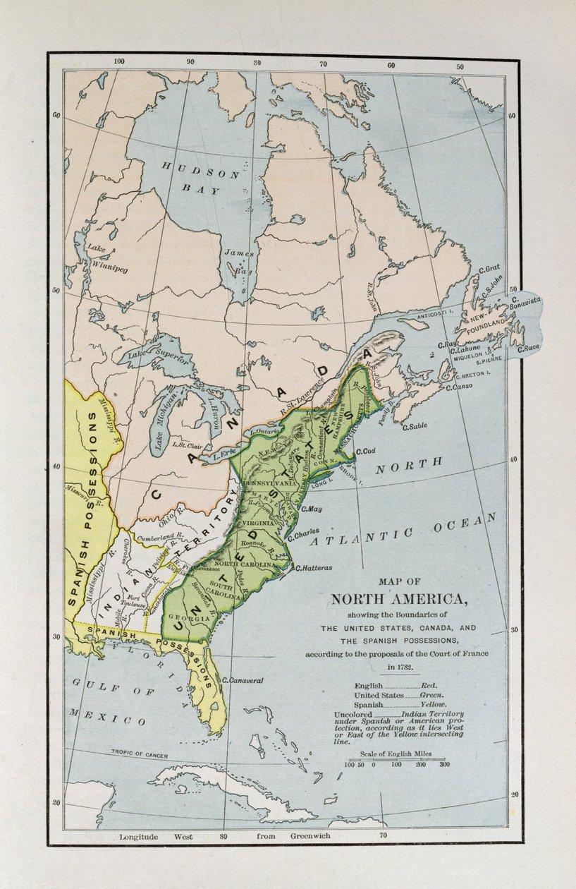 Karta över Nordamerika, som visar gränserna för USA, Kanada och de spanska besittningarna, enligt förslagen från Frankrikes domstol 1782, från 