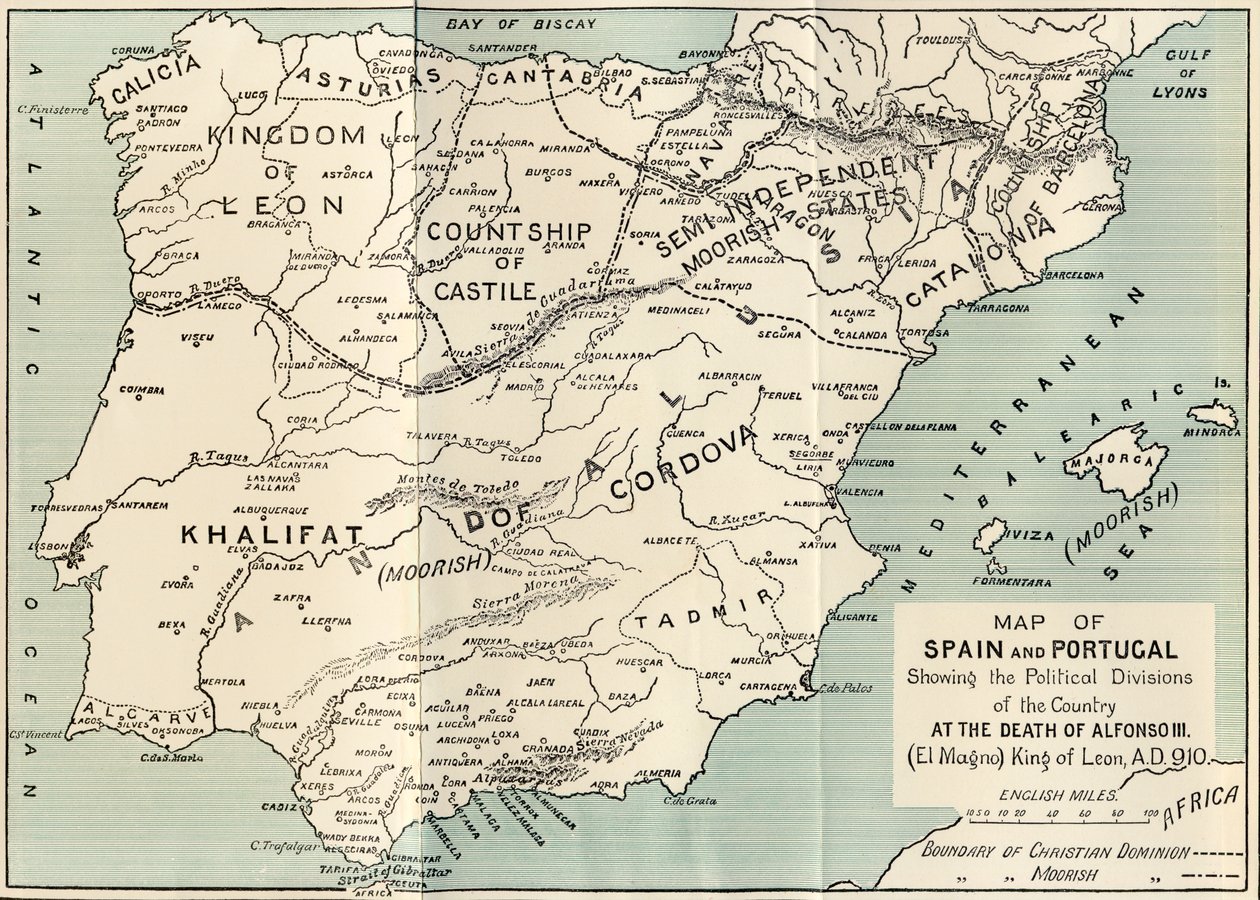 Karta över Spanien och Portugal som visar de politiska splittringarna i landet vid döden av Alfonso III, kung av Leon, från 
