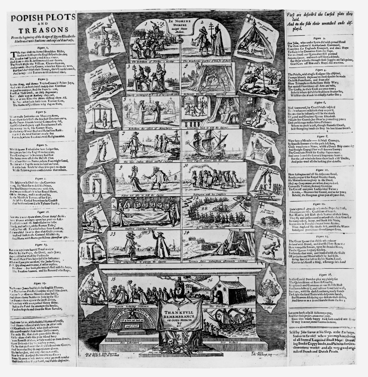 Popiske plot og forræderi fra begyndelsen af dronning Elizabeths regeringstid, illustreret med emblemer og forklaret i vers, indgraveret af Cornelis Danckerts (ca. 1603-56) (se 1swed. av English School