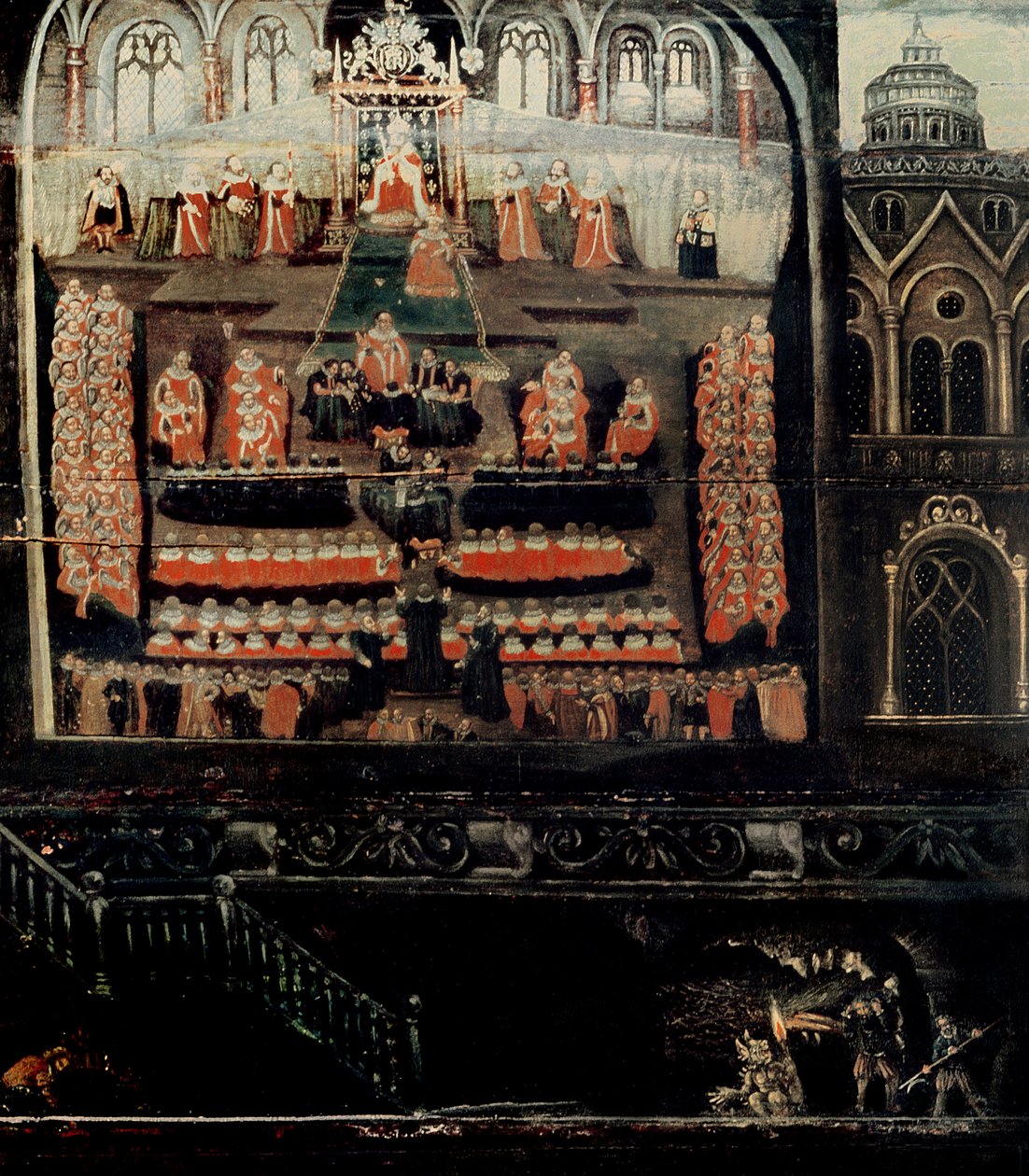 Höger sida av Diptyk som visar parlamentet för James I av England, VI av Skottland (1566-1625) och Krutplotterna, detalj av Krutplottarna från det nedre högra hörnet (olja på sid. av English School