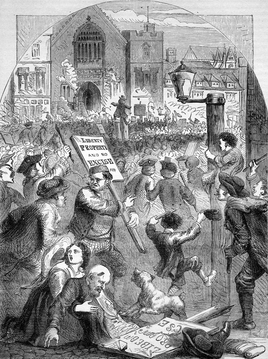 Riotous Assembly utanför parlamentshuset om införandet av punktskattesystemet, illustration från 