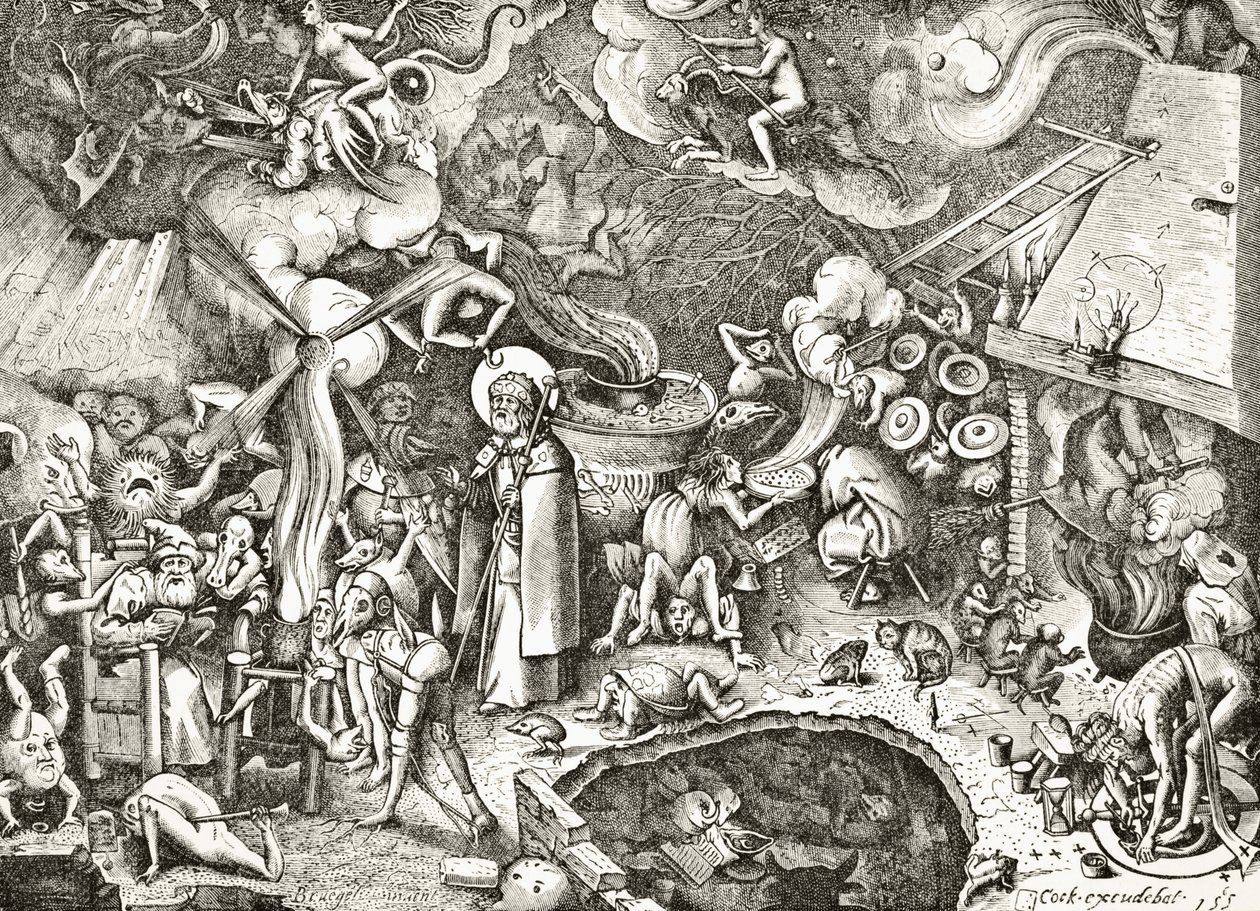 St. Jakob den Ældre, der bekæmper en tryllekunstners djævelske fortryllelser, indgraveret i det 16. århundrede efter en komposition af Brueghel den Ældre, fra 