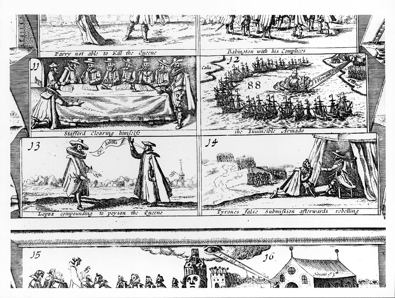 Stafford Clearing Himself, the Invincible Armada, Lopas Compounding to Poison the Queen, Tyrones False Submission After Rebelling, graverad av Cornelius Danckerts (ca 1603-56) av English School